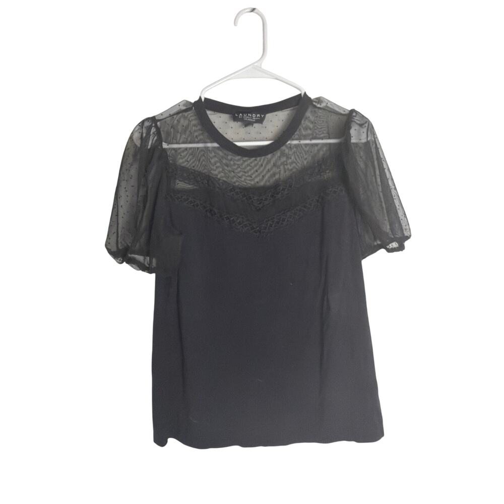 Laundry by Shelli Segal Sheer Mesh Illusion Puff Sleeve Blouse Black M